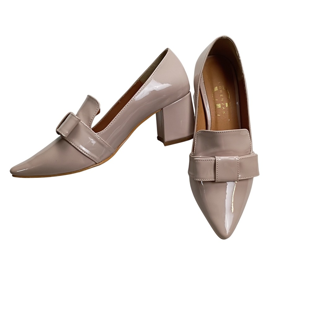 Patent Pointed-Toe Bow Loafers in Taupe - Women Shoes Heels - Picture 2 of 9